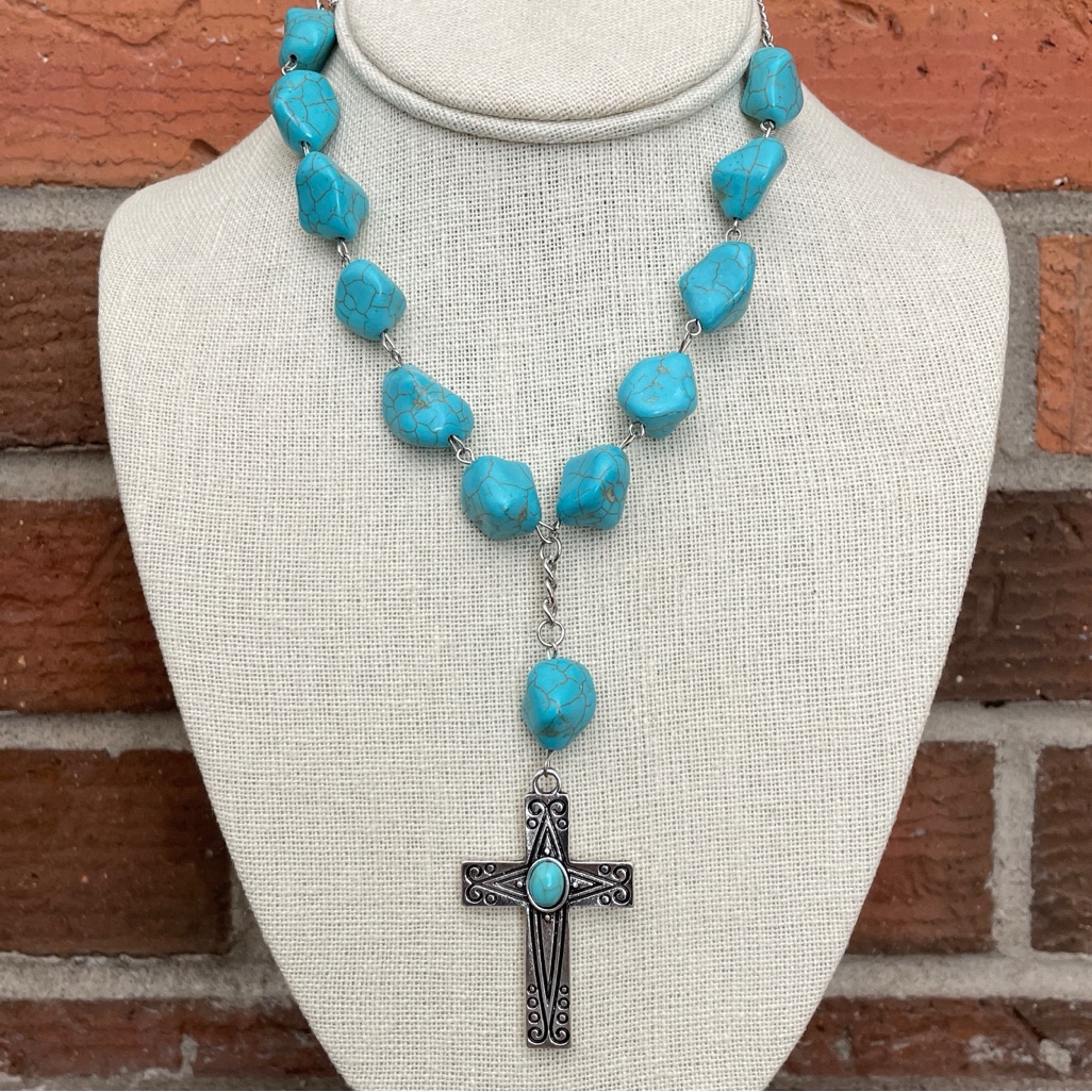 Cross Lariat Necklace With Faux Turquoise 23$